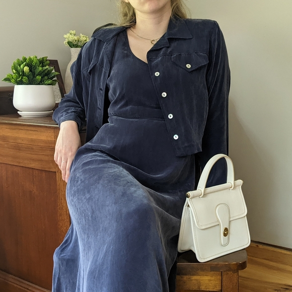 Vintage Navy Blue Silky Dress & Jacket Set - Picture 5 of 9